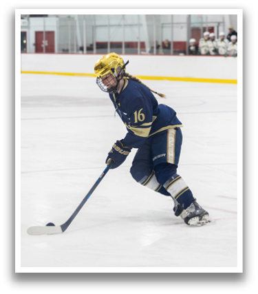 A female ice hockey player in a blue uniform is holding a stick and skating on the ice. AI generated content