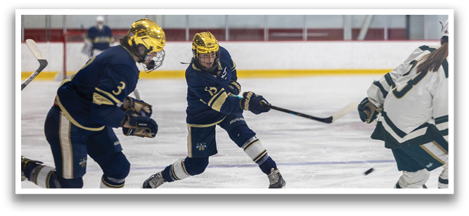 Three hockey players on the ice, one of them is holding a stick. AI generated content