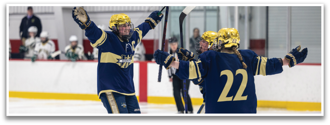 Three female hockey players celebrate their victory on the ice. AI generated content