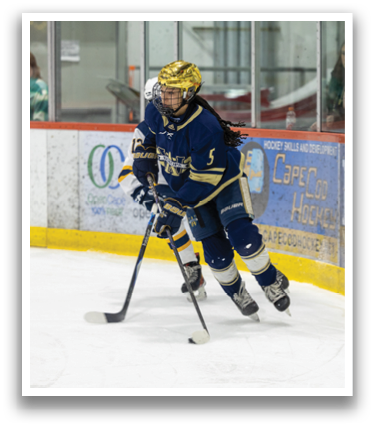 A hockey player in a blue uniform is skating on the ice. AI generated content