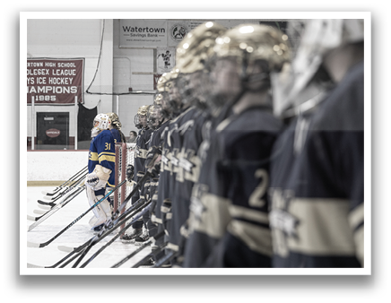 A group of hockey players are lined up on the ice, wearing their uniforms and holding their hockey sticks. AI generated content