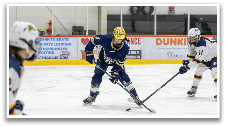 Two hockey players on ice, one with a stick and the other with a skate. AI generated content