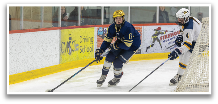 Two hockey players on ice, one with a blue jersey and the other with a white jersey. AI generated content