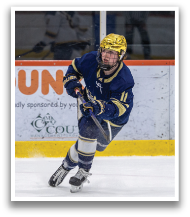 A hockey player in a blue uniform is skating on the ice. AI generated content
