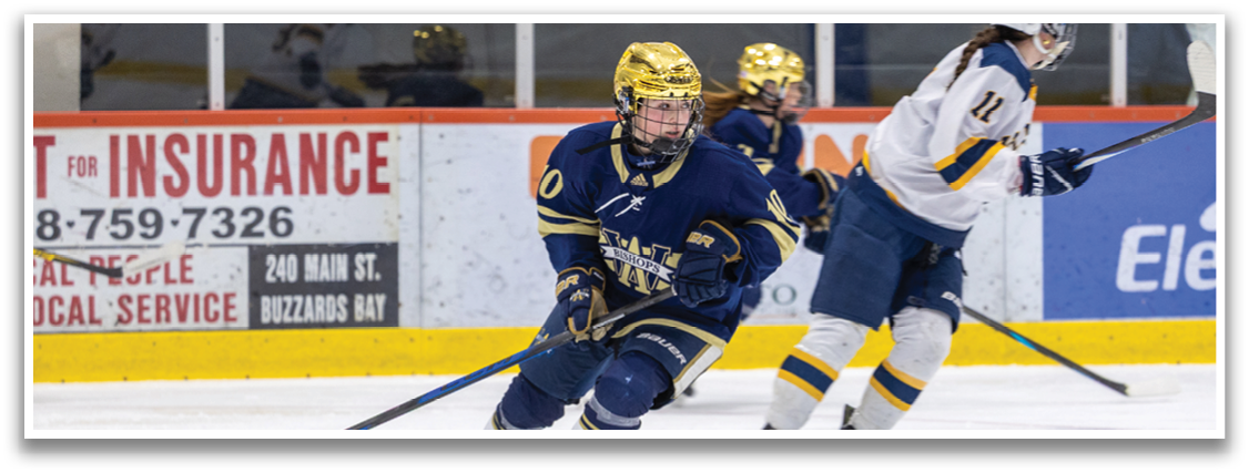 Two female hockey players on the ice, one with a blue uniform and the other with a white uniform. AI generated content