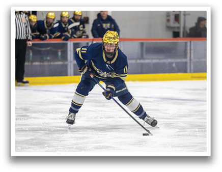 A hockey player in a blue and gold uniform is holding a stick and skating on the ice. AI generated content