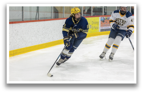 Two hockey players on ice, one with a blue and gold uniform and the other with a white and blue uniform. AI generated content