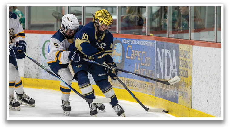 Two hockey players are fighting for control of the puck. AI generated content