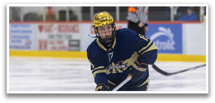 A hockey player in a blue uniform is holding a hockey stick and skating on the ice. AI generated content