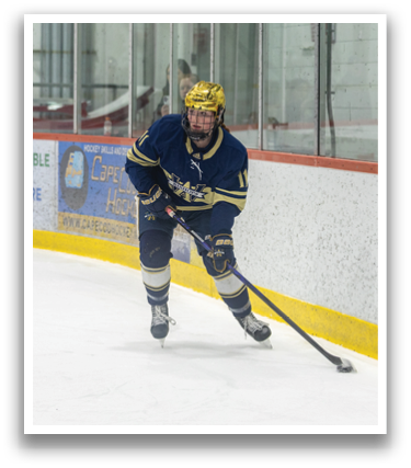 A hockey player in a blue uniform is skating on the ice. AI generated content