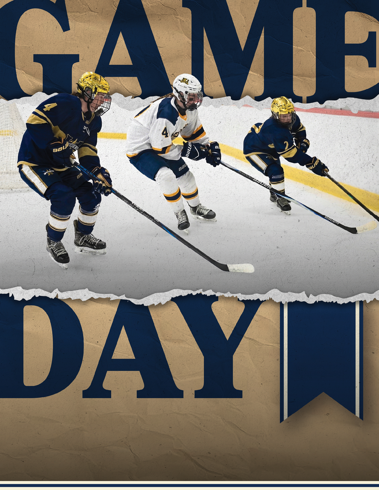 Three hockey players on ice, one with a stick. AI generated content