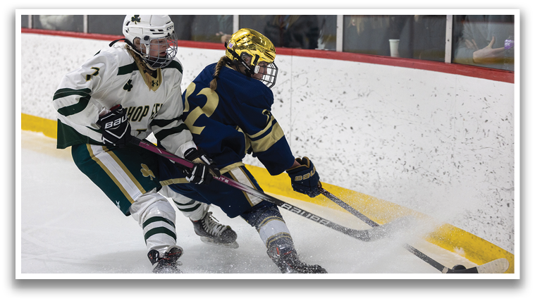 Two female hockey players are on the ice, one with a pink stick and the other with a blue one. AI generated content