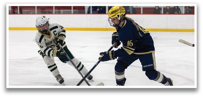 Two female hockey players are on the ice, one with a yellow helmet and the other with a green helmet. They are both holding hockey sticks and are in the middle of a game. AI generated content