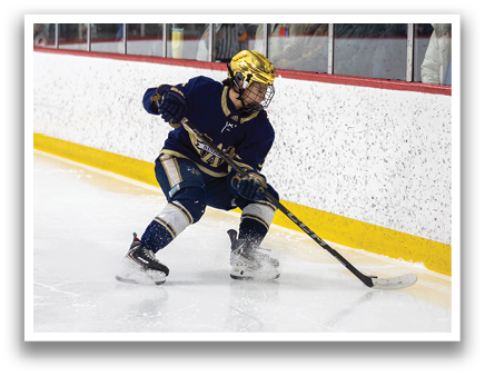 A hockey player in a blue uniform is skating on the ice. AI generated content