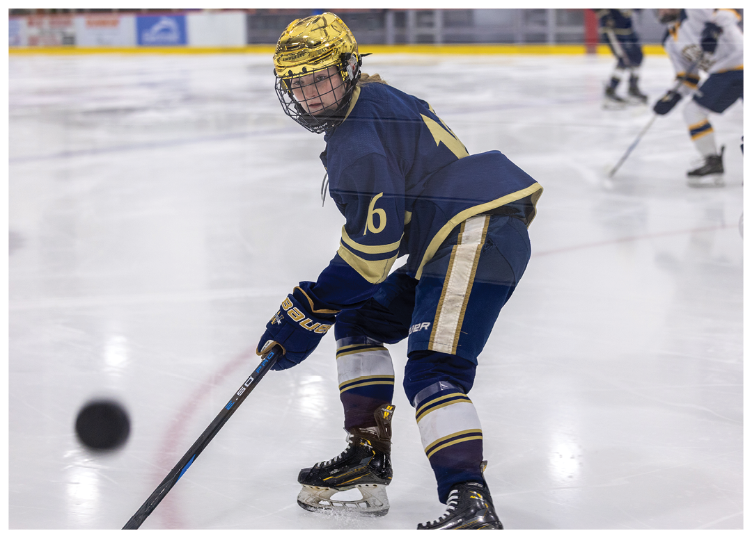 A hockey player in a blue uniform is holding a stick and preparing to shoot the puck. AI generated content