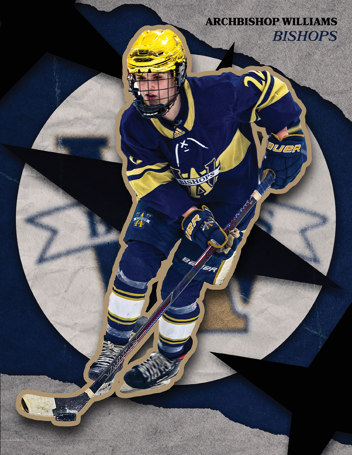 A hockey player in a blue and yellow uniform is holding a hockey stick. AI generated content