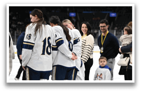 A group of people, including a hockey player, are standing on the ice. AI generated content