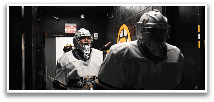 Two hockey players wearing white uniforms and helmets are standing in a dark room. AI generated content