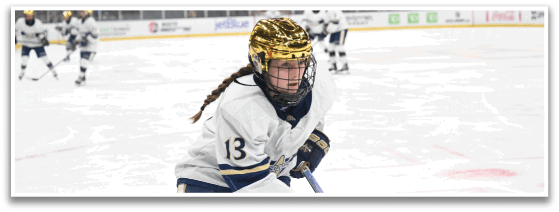 A female hockey player wearing a helmet and number 13 jersey. AI generated content