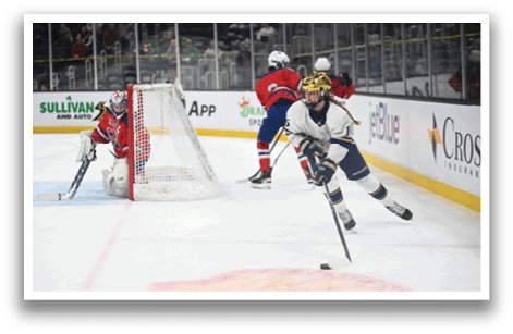 A hockey player in a white uniform is skating on the ice, holding a hockey stick. AI generated content