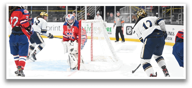 A group of hockey players on the ice, with one player in a red jersey and white pants. AI generated content