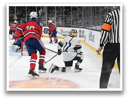 A group of hockey players on the ice, with one player falling to the ground. AI generated content