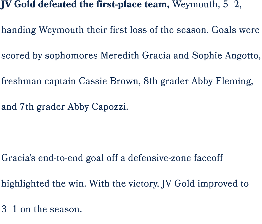 JV Gold defeated the first place team, Weymouth, 5–2, handing Weymouth their first loss of the season. Goals were sco...