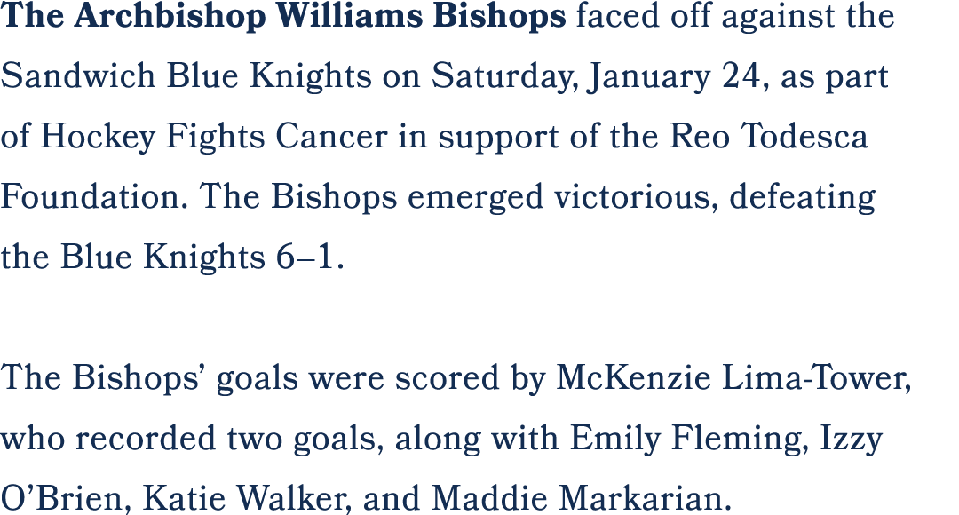 The Archbishop Williams Bishops faced off against the Sandwich Blue Knights on Saturday, January 24, as part of Hocke...
