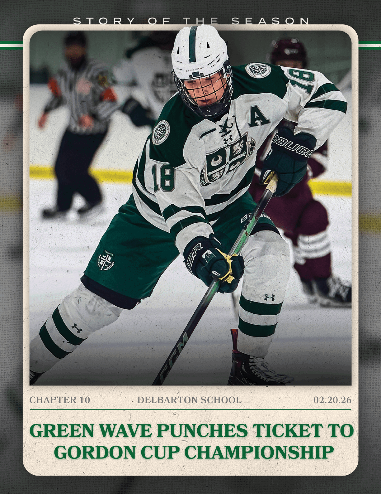 A hockey player in a green uniform is holding a stick and is about to hit the puck. AI generated content