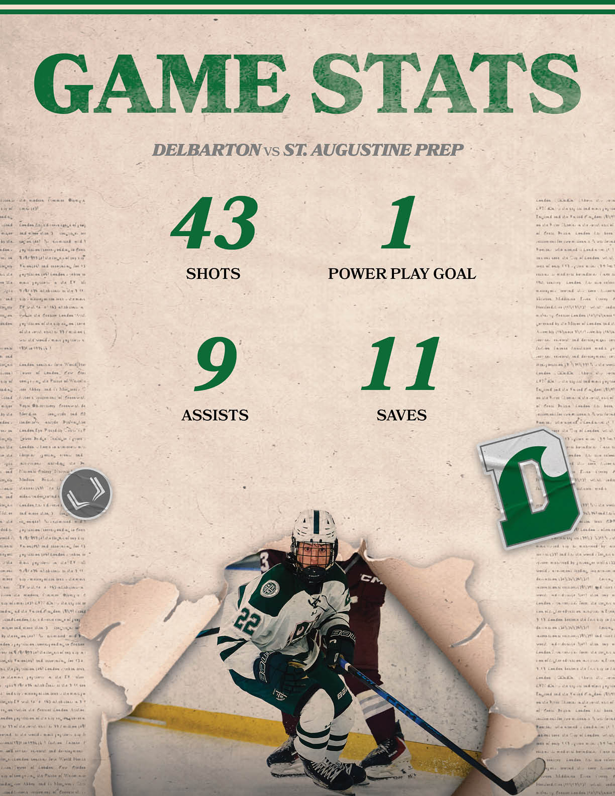 A hockey player is shown on a poster with a hockey stick and a puck. AI generated content