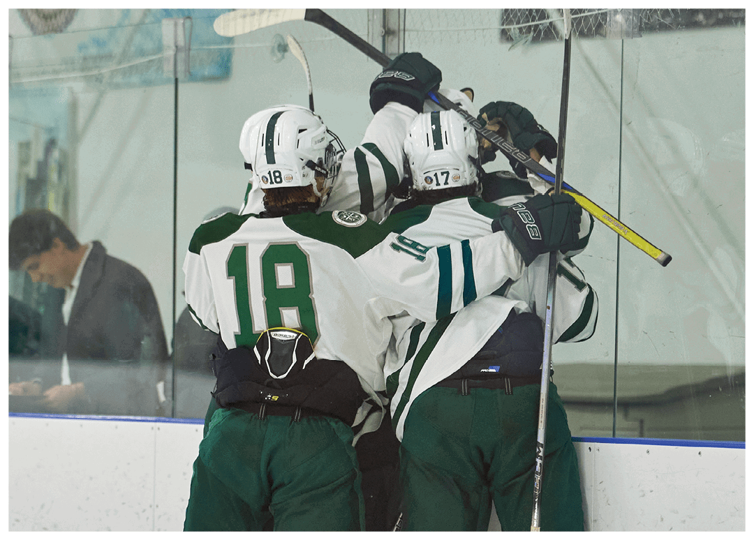 Three hockey players hugging each other in the locker room. AI generated content