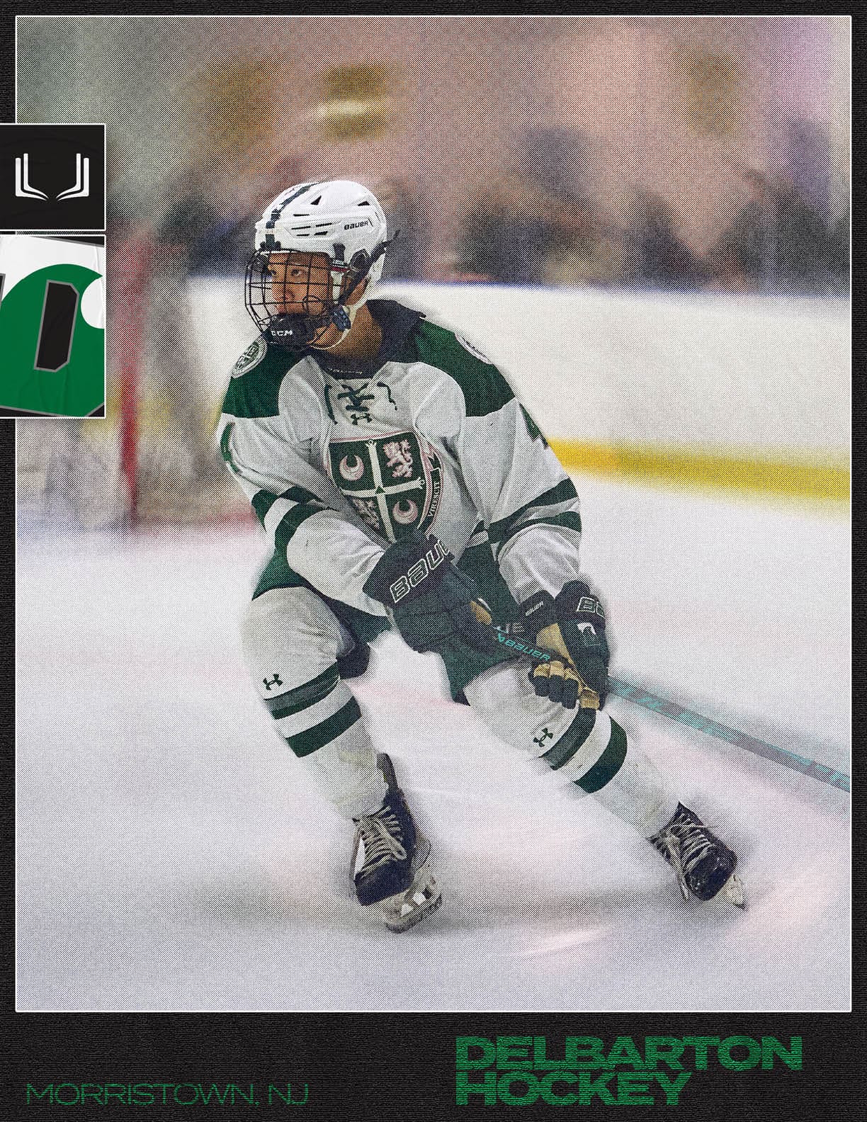 A hockey player in a white and green uniform is on the ice. AI generated content