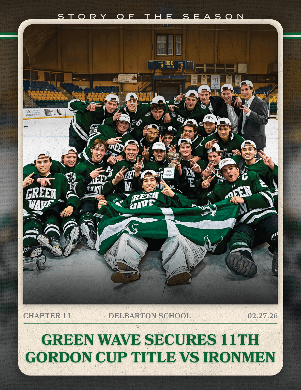 A group of hockey players pose for a photo with their trophy. AI generated content