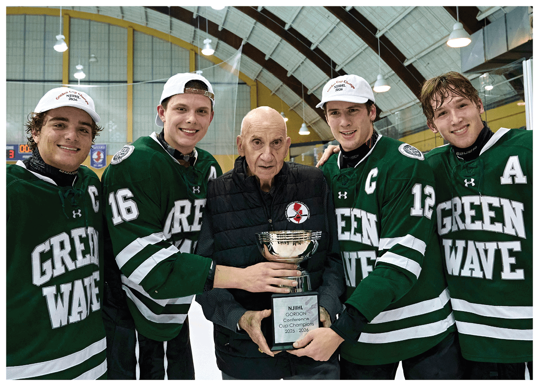 A group of hockey players pose with their coach for a photo. AI generated content