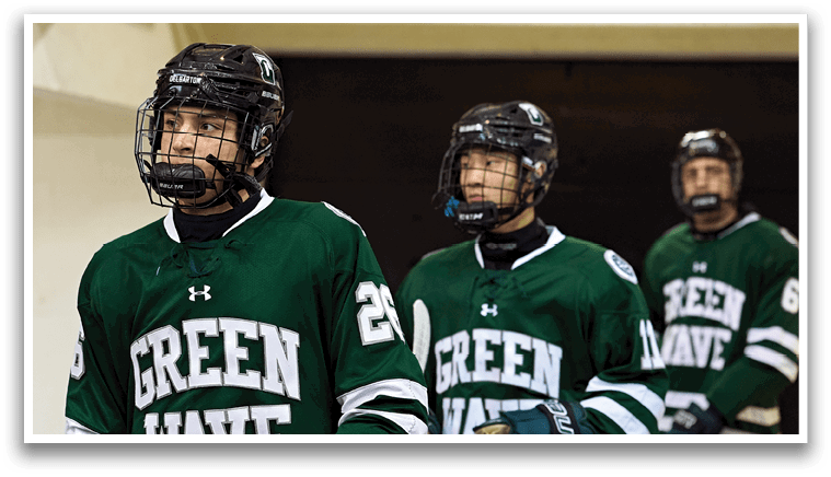 Three hockey players wearing green jerseys and helmets are walking down a hallway. AI generated content