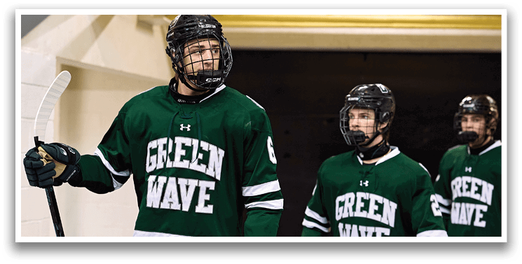 Three hockey players wearing green jerseys and helmets are standing in a hallway. AI generated content