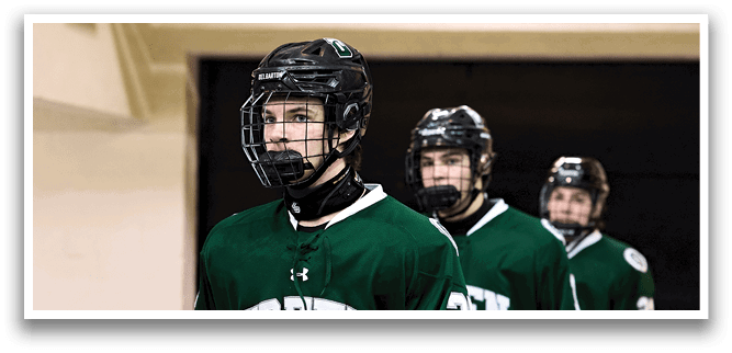 Three hockey players wearing green jerseys and helmets. AI generated content