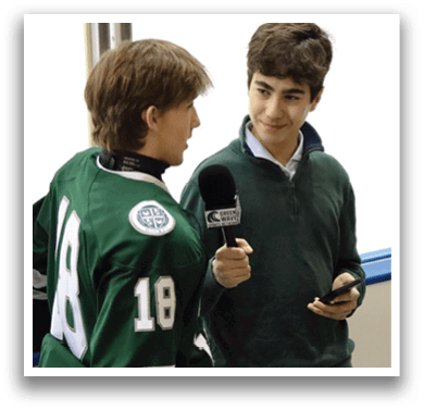 Two men are talking to each other. One of them is holding a microphone. AI generated content