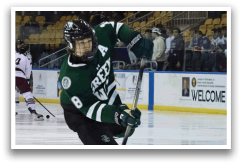 A hockey player wearing a green jersey with the number 8 on it is holding a hockey stick and skating on the ice. AI generated content
