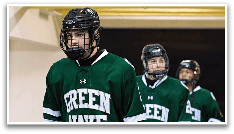 Three hockey players wearing green jerseys with the word “wave" on the front. AI generated content