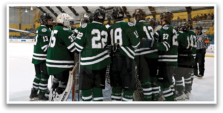A group of hockey players wearing green uniforms are gathered around the net. AI generated content