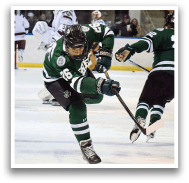 A hockey player is on the ice with his leg up, holding a stick. AI generated content