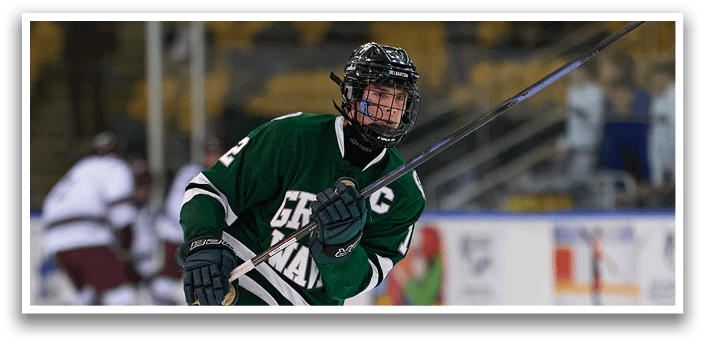 A hockey player with the number 14 on his jersey is holding a hockey stick. AI generated content