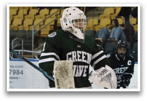 A hockey player wearing a green jersey and white pads is holding a hockey stick. AI generated content