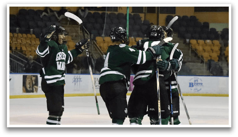 Four hockey players hugging each other on the ice. AI generated content