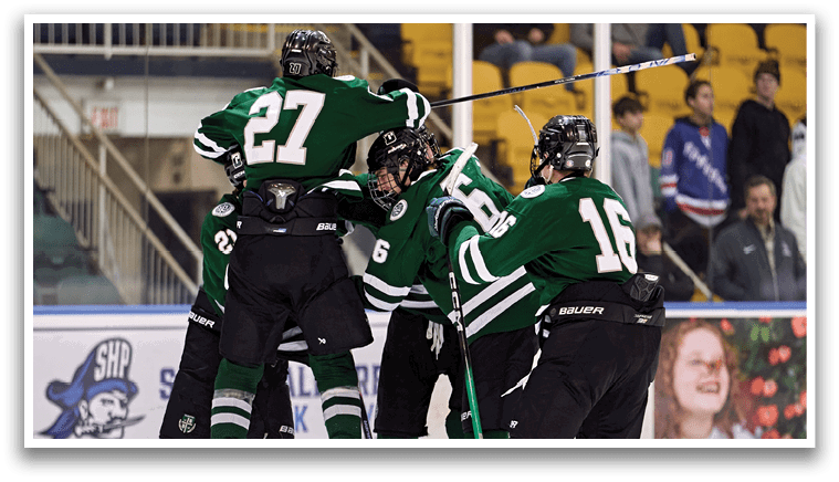 Four hockey players celebrating a goal with their arms around each other. AI generated content