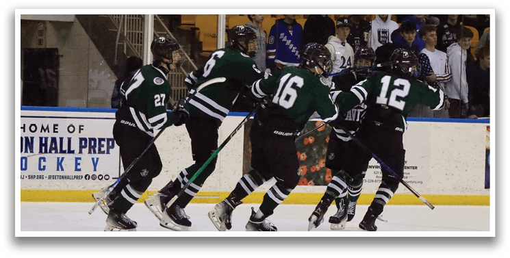 A group of hockey players celebrating a goal. AI generated content