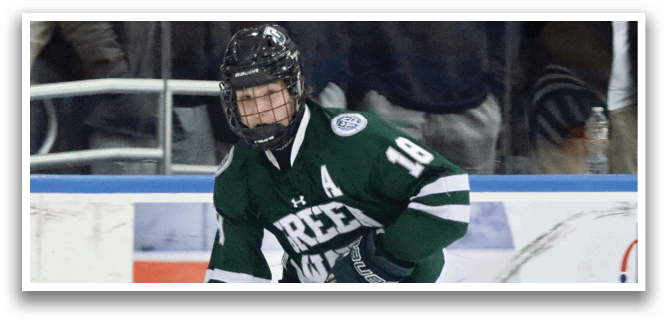 A hockey player in a green and white uniform is skating on the ice. AI generated content