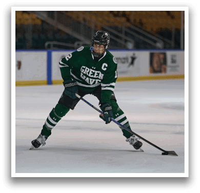 A hockey player in a green and white uniform is skating on the ice. AI generated content