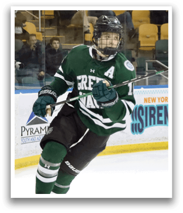 A hockey player in a green and white uniform is skating on the ice. AI generated content